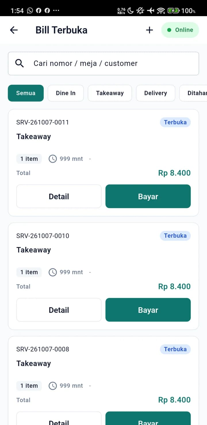 Layar Bill Terbuka di ponsel dengan daftar bill takeaway
