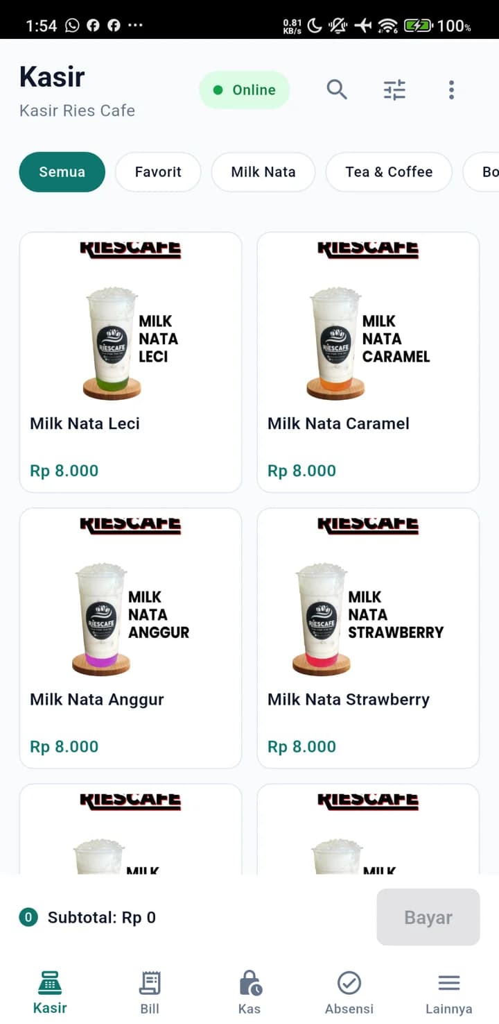 Layar Kasir di ponsel dengan navigasi bawah Kasir, Bill, Kas, Absensi