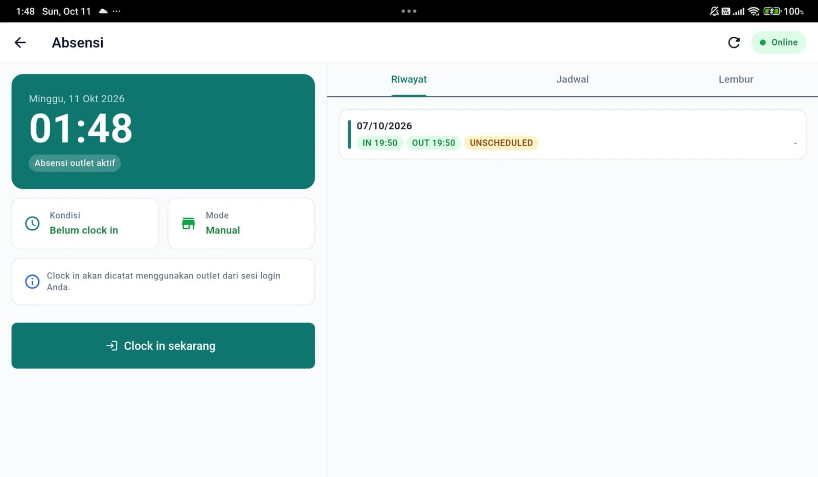 Layar Absensi di tablet