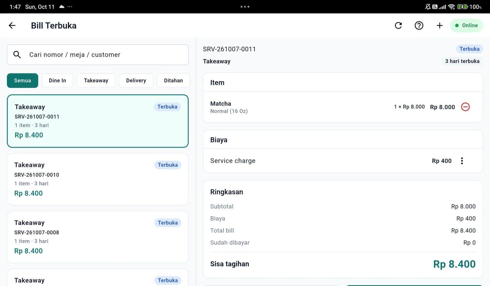 Layar Bill Terbuka di tablet