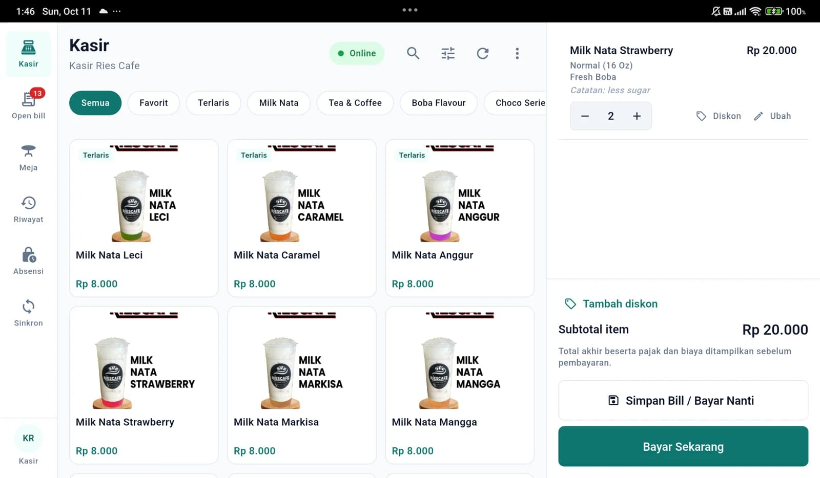 Layar Kasir di tablet: katalog minuman Ries Cafe dan keranjang berisi Milk Nata Strawberry