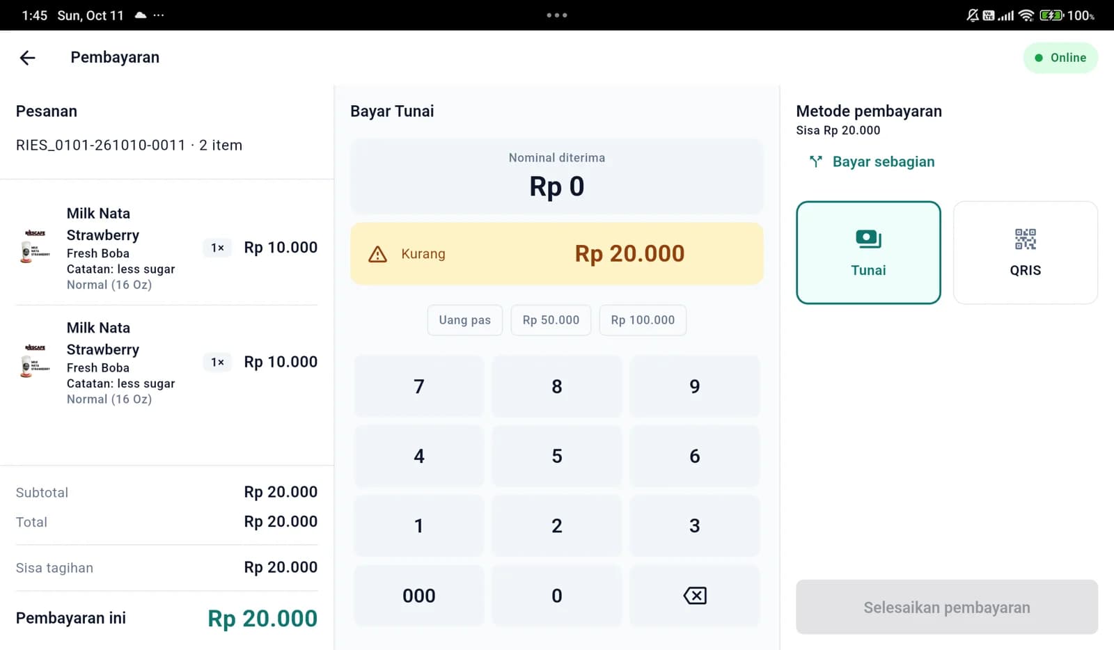 Layar Pembayaran: bayar tunai dengan keypad, sisa tagihan Rp20.000, pilihan Tunai dan QRIS