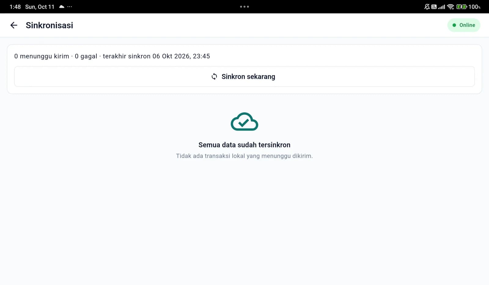 Layar Sinkronisasi: 0 menunggu kirim, 0 gagal, semua data sudah tersinkron